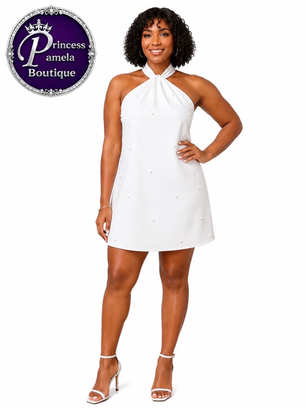 #3-9 White Halter Neck Faux Pearl Embellishments Mini Dress